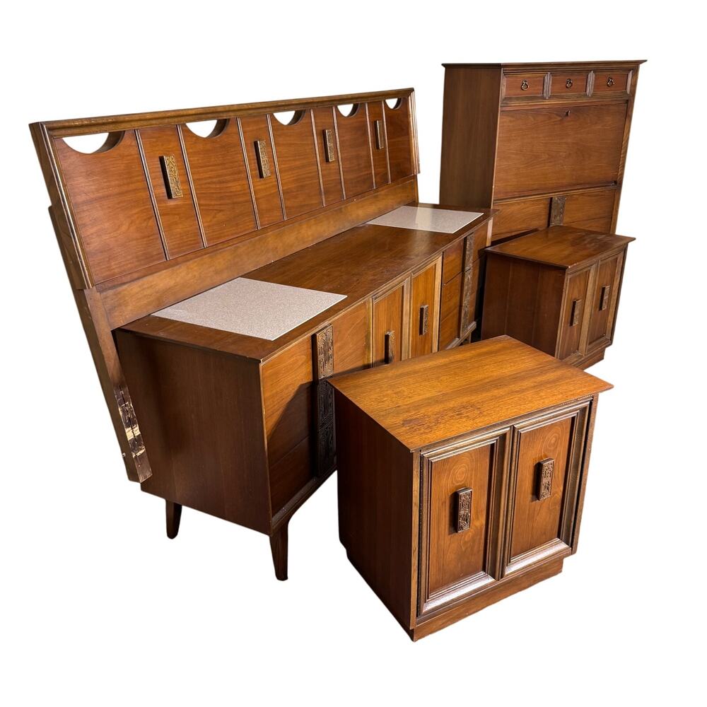Bassett Mayan Walnut King Headboard Credenza Secretary 2 Nightstands MCM 5 piece